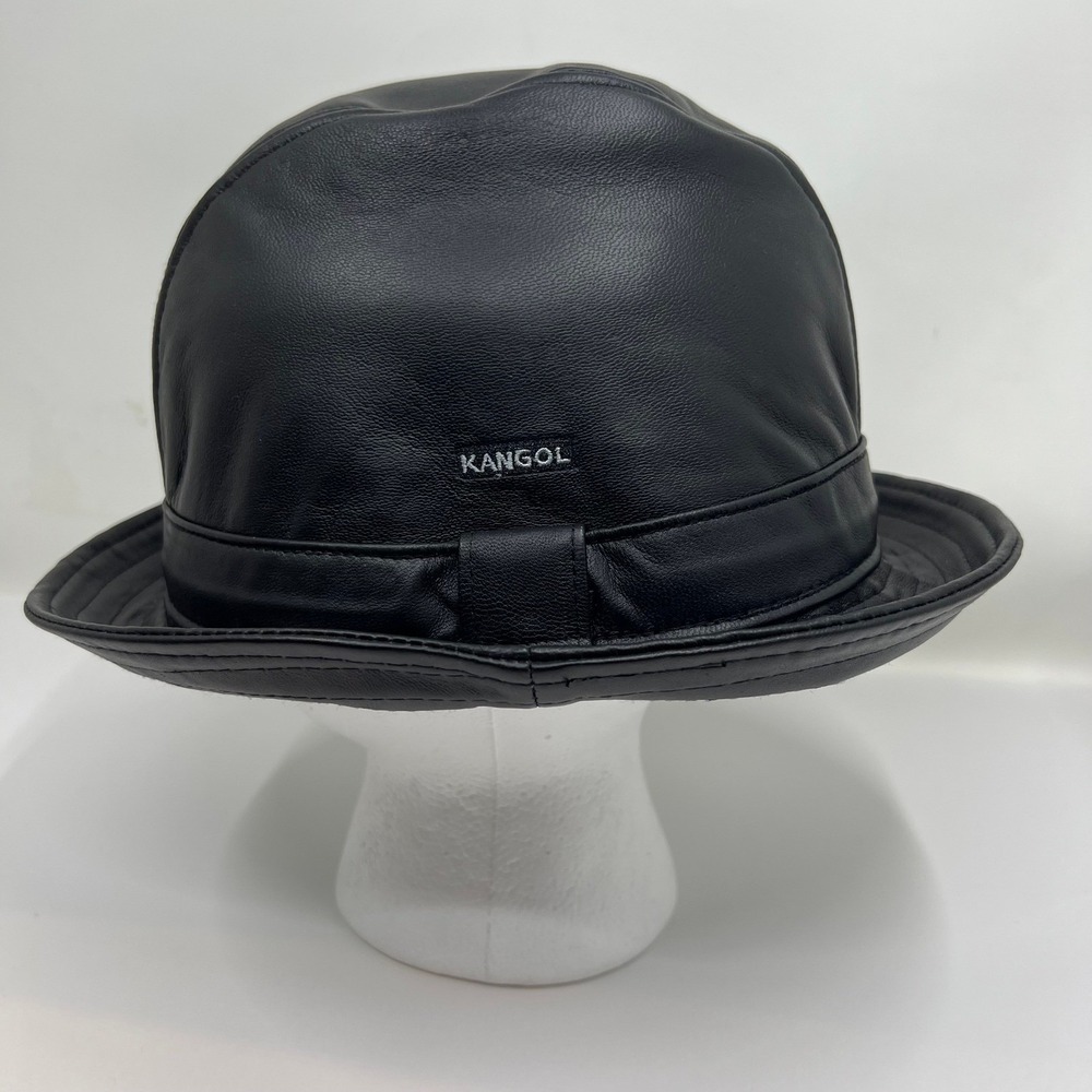 KANGOL 100% Plain Leather Player Hat Black‎ Men's Large Fedora Style NWT